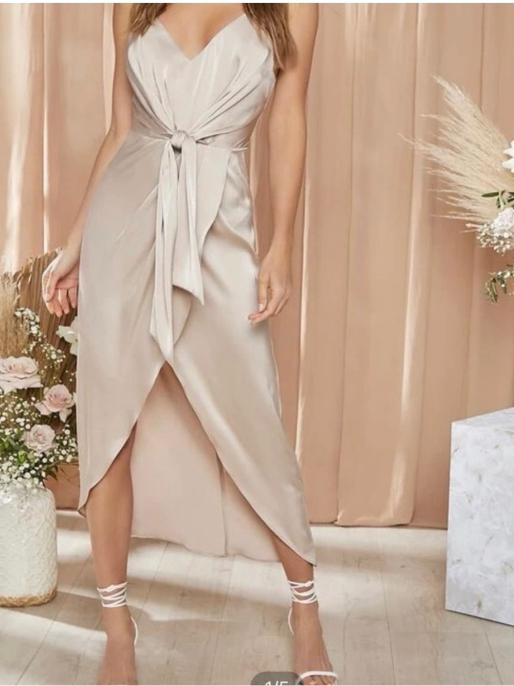SHEIN Champagne Satin High-Low Wrap Dress